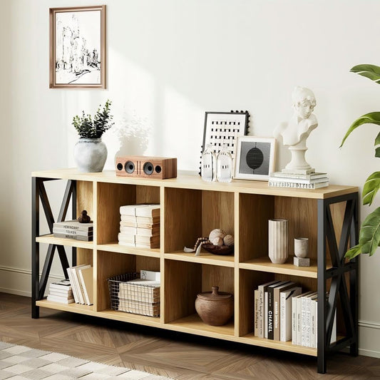 8 Cube Organizer Horizontal Bookshelf, Metal X-Bracket Reinforced Storage Bookcase, Farmhouse Display Shelf with Adjustable Feet, for Living Room Home Office Entryway (63",Maple)