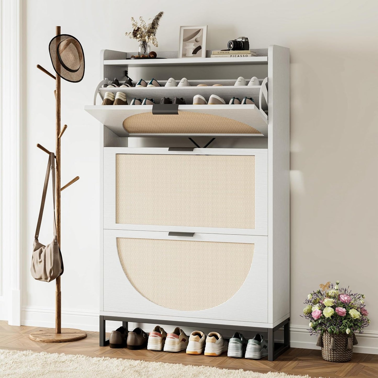 Flip Drawer Shoe Cabinet, Slim Narrow Entryway Storage Furniture with Hidden Flip-Open Organizer, Engineered Wood & Veneer Construction, Hallway Living Room Foyer, 3 Drawer, White