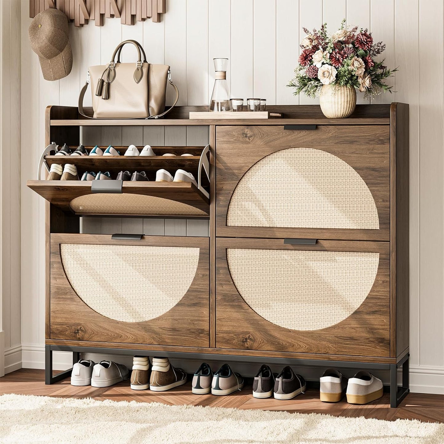 Flip Drawer Shoe Cabinet, Slim Narrow Entryway Storage Furniture with Hidden Flip-Open Organizer, Engineered Wood & Veneer Construction, Hallway Living Room Foyer, 4 Drawer, Oak