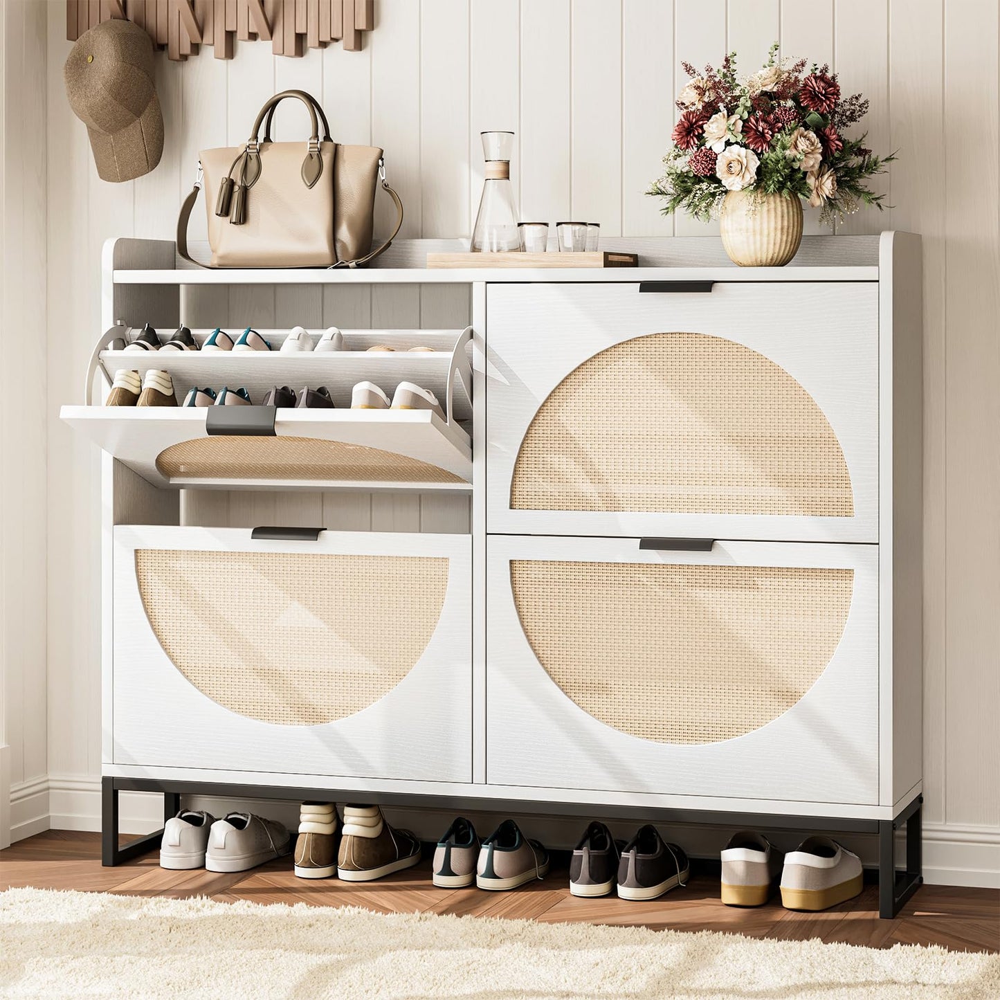 Flip Drawer Shoe Cabinet, Slim Narrow Entryway Storage Furniture with Hidden Flip-Open Organizer, Engineered Wood & Veneer Construction, Hallway Living Room Foyer, 4 Drawer, White