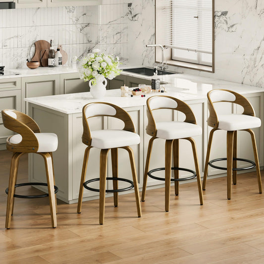 26" Counter Height Bar Stools Set of 4, Swivel Kitchen Island Stools with Ergonomic Curved Backrest, Solid Wood Legs, 300 lbs Capacity, Modern Walnut Finish, Perfect for Kitchen Island(White)