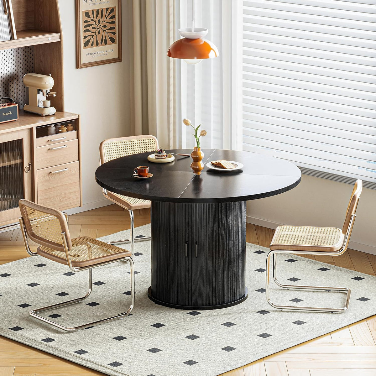 47 Inch Round Dining Table with Storage, 2-Layer Shelf & Wood Slide Door, Farmhouse Style, Waterproof Top, 330 lbs Capacity, for 4-6 Person, Easy Assembly, Black