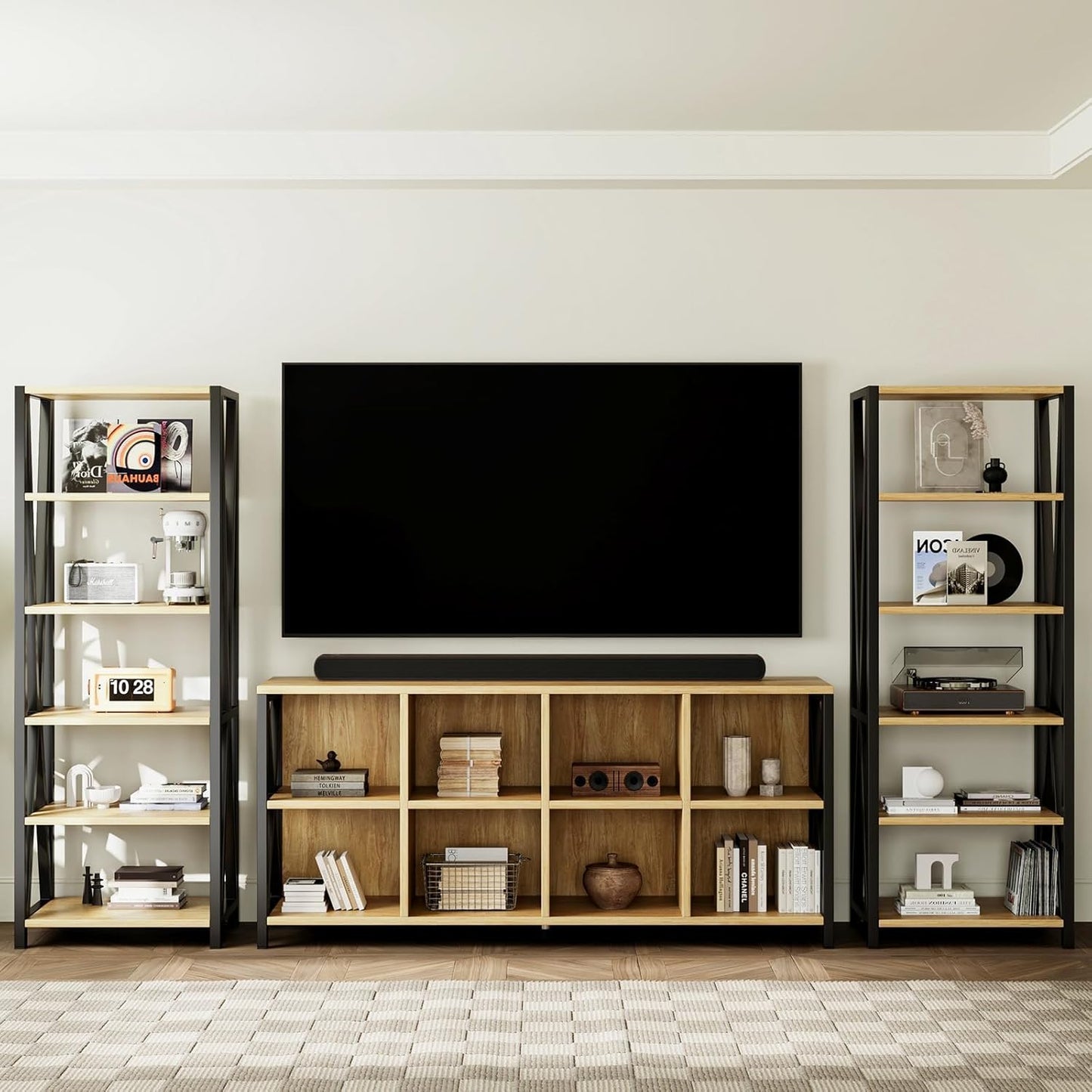 8 Cube Organizer Horizontal Bookshelf, Metal X-Bracket Reinforced Storage Bookcase, Farmhouse Display Shelf with Adjustable Feet, for Living Room Home Office Entryway (63",Maple)