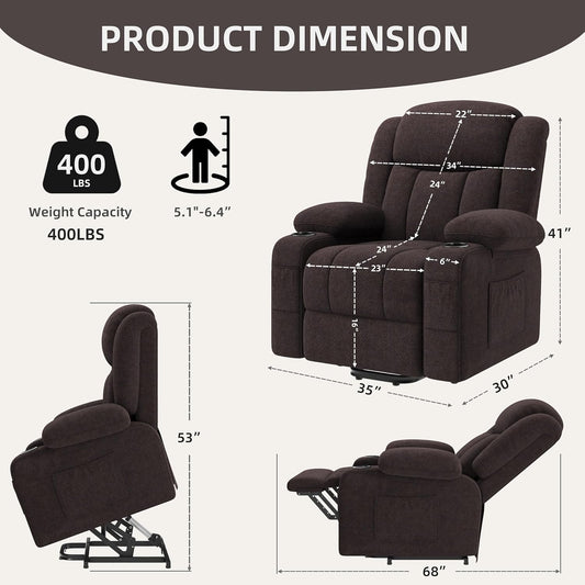 Living Room Chair - Dual Motor Power Lift Recliner Chair with Adjustable Massage, Dual Heat, USB and Type-C Ports, 2 Cup Holders, Zero Gravity Lay Flat Recliner Infinite Position for Elderly(Brown)