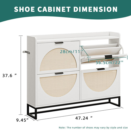 Flip Drawer Shoe Cabinet, Slim Narrow Entryway Storage Furniture with Hidden Flip-Open Organizer, Engineered Wood & Veneer Construction, Hallway Living Room Foyer, 4 Drawer, White