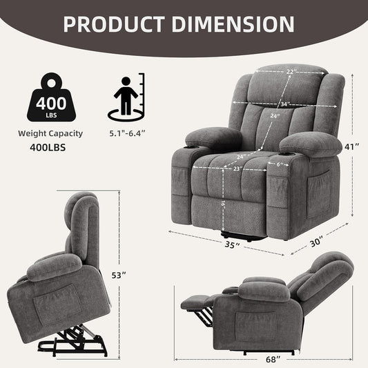 Living Room Chair, Dual Motor Power Lift Recliner Chair with Adjustable Massage, Dual Heat, USB, Type-C Ports, 2 Cup Holders, Zero Gravity Lay Flat Recliner with Infinite Positions for Elderly (Grey)