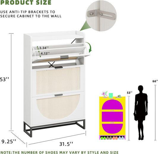 Flip Drawer Shoe Cabinet, Slim Narrow Entryway Storage Furniture with Hidden Flip-Open Organizer, Engineered Wood & Veneer Construction, Hallway Living Room Foyer, 3 Drawer, White