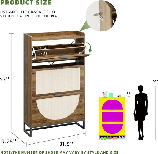 Flip Drawer Shoe Cabinet, Slim Narrow Entryway Storage Furniture with Hidden Flip-Open Organizer, Engineered Wood & Veneer Construction, Hallway Living Room Foyer, 3 Drawer, Oak