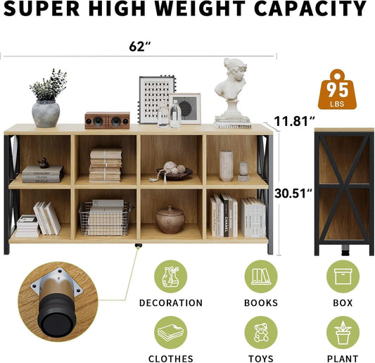 8 Cube Organizer Horizontal Bookshelf, Metal X-Bracket Reinforced Storage Bookcase, Farmhouse Display Shelf with Adjustable Feet, for Living Room Home Office Entryway (63",Maple)