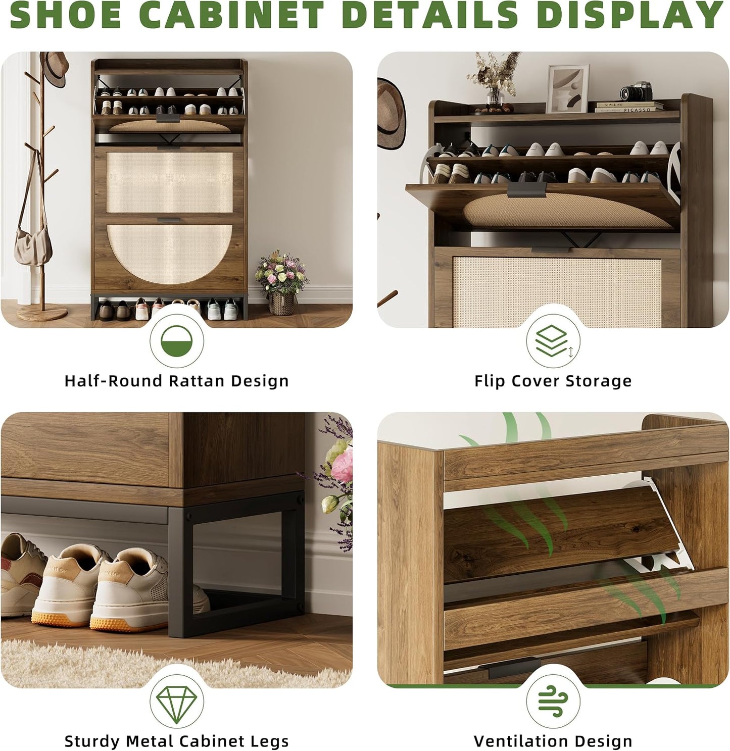 Flip Drawer Shoe Cabinet, Slim Narrow Entryway Storage Furniture with Hidden Flip-Open Organizer, Engineered Wood & Veneer Construction, Hallway Living Room Foyer, 3 Drawer, Oak