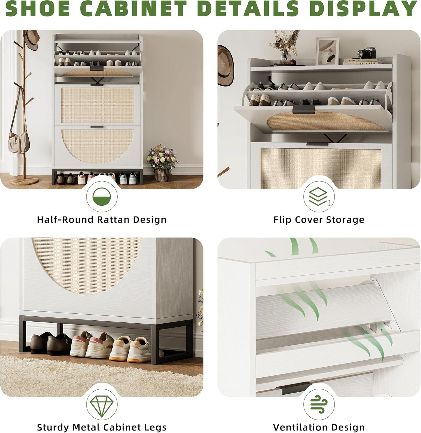 Flip Drawer Shoe Cabinet, Slim Narrow Entryway Storage Furniture with Hidden Flip-Open Organizer, Engineered Wood & Veneer Construction, Hallway Living Room Foyer, 3 Drawer, White