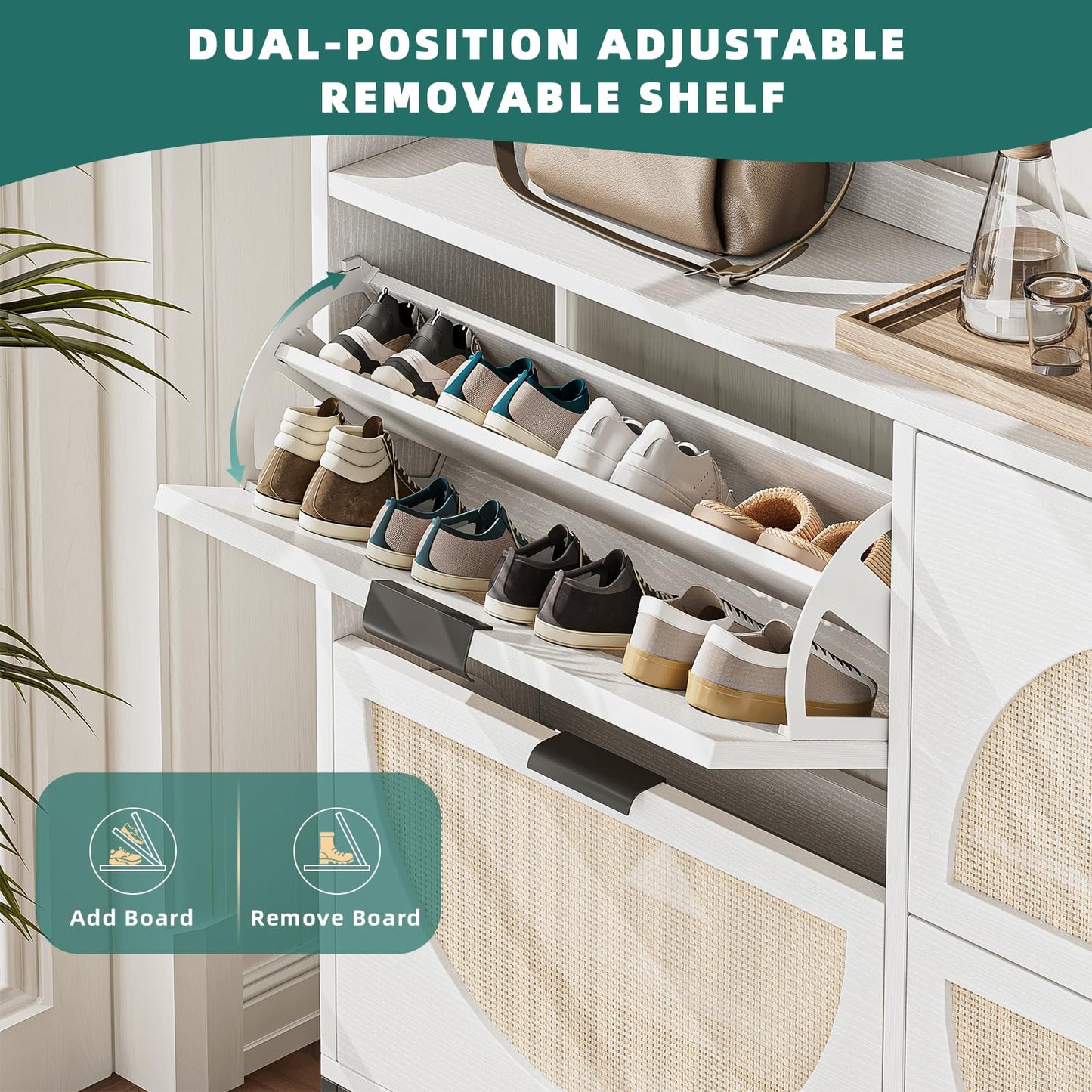 Flip Drawer Shoe Cabinet, Slim Narrow Entryway Storage Furniture with Hidden Flip-Open Organizer, Engineered Wood & Veneer Construction, Hallway Living Room Foyer, 4 Drawer, White
