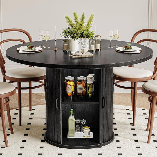 47 Inch Round Dining Table with Storage, 2-Layer Shelf & Wood Slide Door, Farmhouse Style, Waterproof Top, 330 lbs Capacity, for 4-6 Person, Easy Assembly, Black