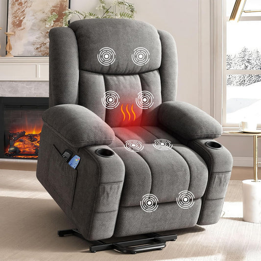Living Room Chair, Dual Motor Power Lift Recliner Chair with Adjustable Massage, Dual Heat, USB, Type-C Ports, 2 Cup Holders, Zero Gravity Lay Flat Recliner with Infinite Positions for Elderly (Grey)