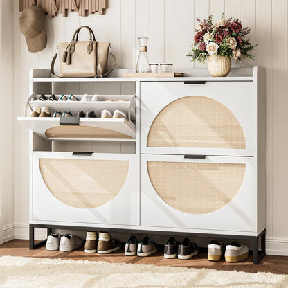 Flip Drawer Shoe Cabinet, Slim Narrow Entryway Storage Furniture with Hidden Flip-Open Organizer, Engineered Wood & Veneer Construction, Hallway Living Room Foyer, 4 Drawer, White