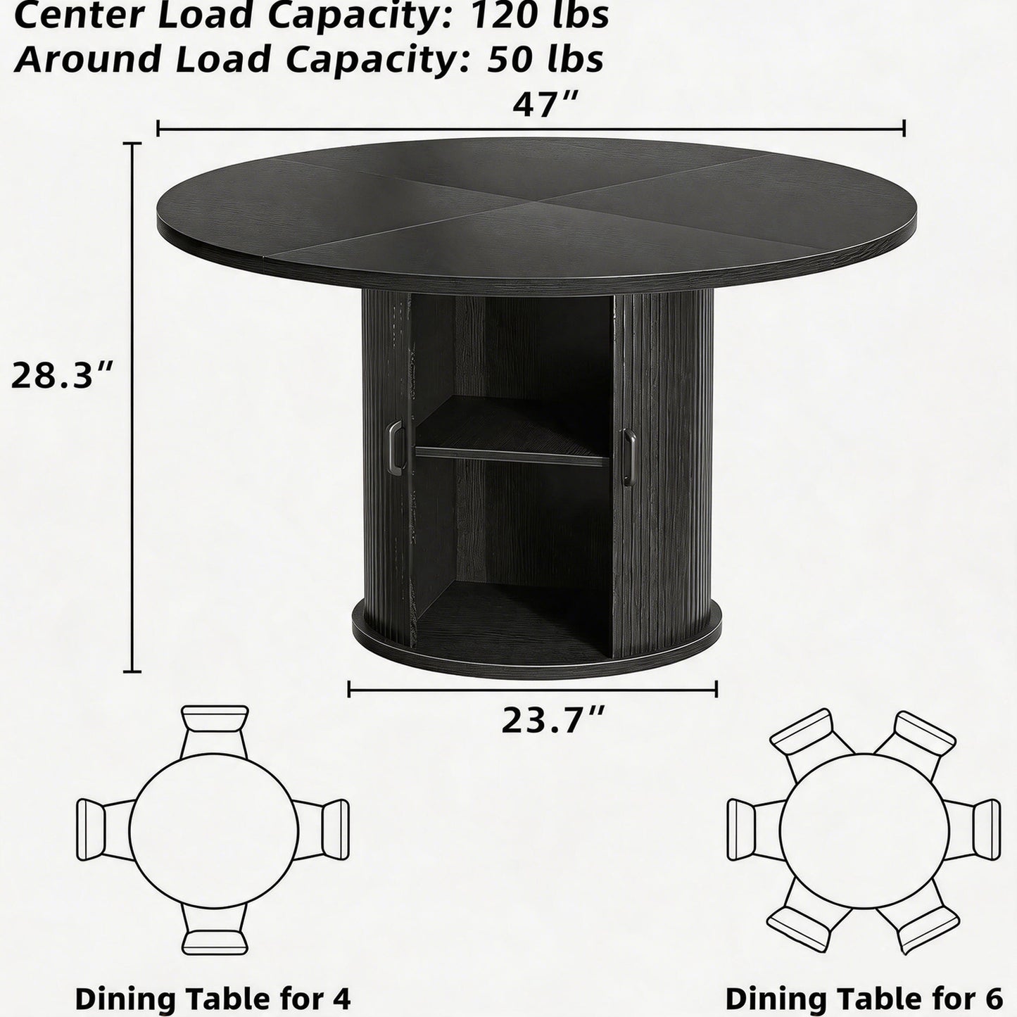 47 Inch Round Dining Table with Storage, 2-Layer Shelf & Wood Slide Door, Farmhouse Style, Waterproof Top, 330 lbs Capacity, for 4-6 Person, Easy Assembly, Black