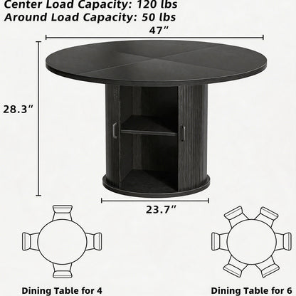 47 Inch Round Dining Table with Storage, 2-Layer Shelf & Wood Slide Door, Farmhouse Style, Waterproof Top, 330 lbs Capacity, for 4-6 Person, Easy Assembly, Black