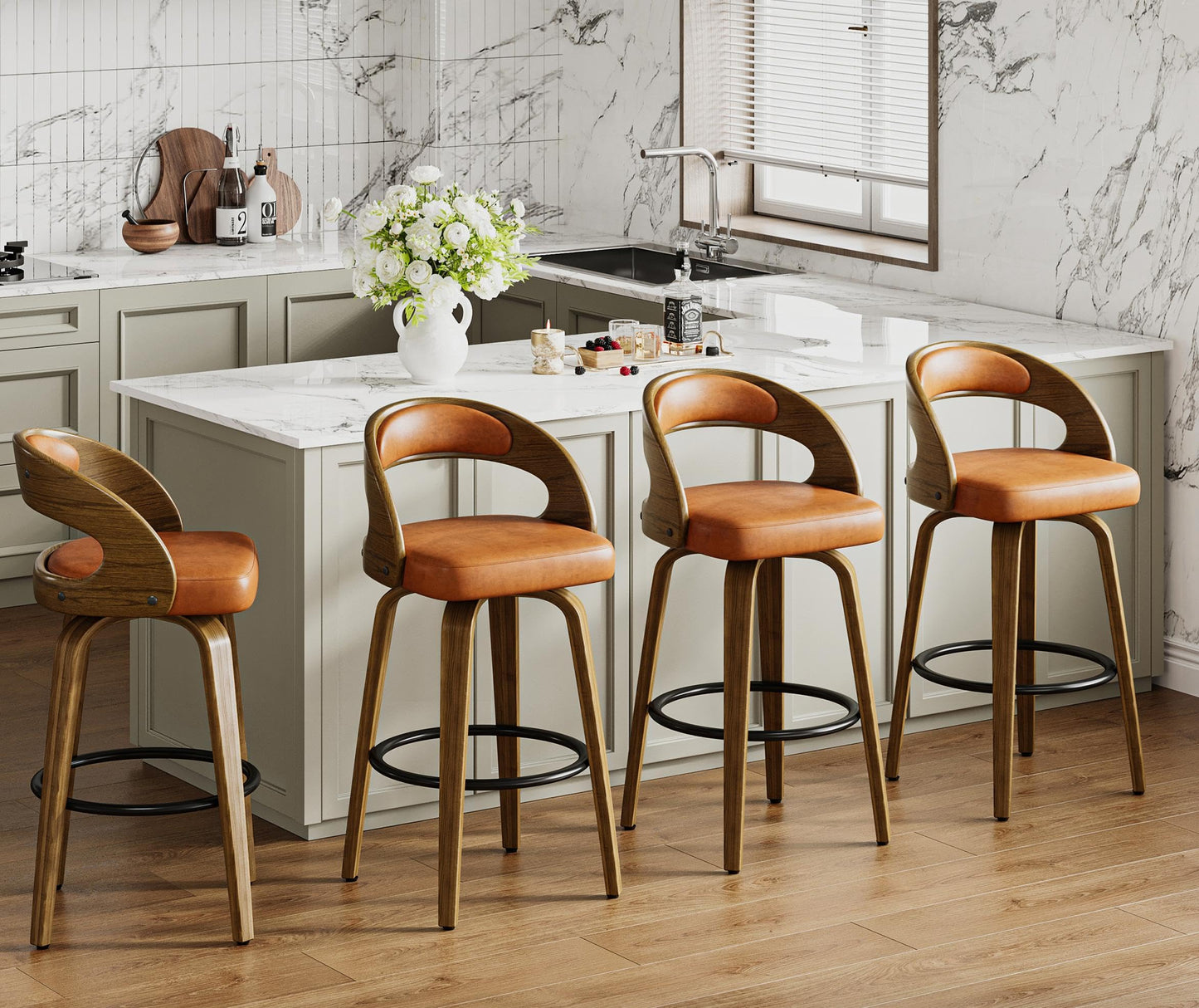 26" Counter Height Bar Stools Set of 4, Swivel Kitchen Island Stools with Ergonomic Curved Backrest, Solid Wood Legs, 300 lbs Capacity, Modern Walnut Finish, Perfect for Kitchen Island(Tawny)