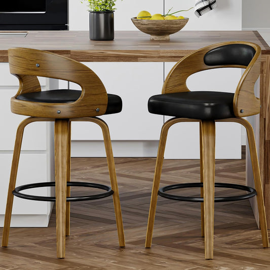 26" Counter Height Bar Stools Set of 2, Swivel Kitchen Island Stools with Ergonomic Curved Backrest, Solid Wood Legs, 300 lbs Capacity, Modern Walnut Finish, Perfect for Kitchen Island(Black)