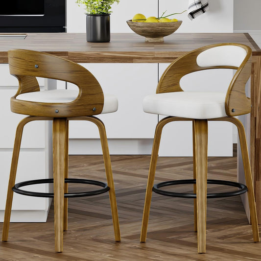 26" Counter Height Bar Stools Set of 2, Swivel Kitchen Island Stools with Ergonomic Curved Backrest, Solid Wood Legs, 300 lbs Capacity, Modern Walnut Finish, Perfect for Kitchen Island(White)