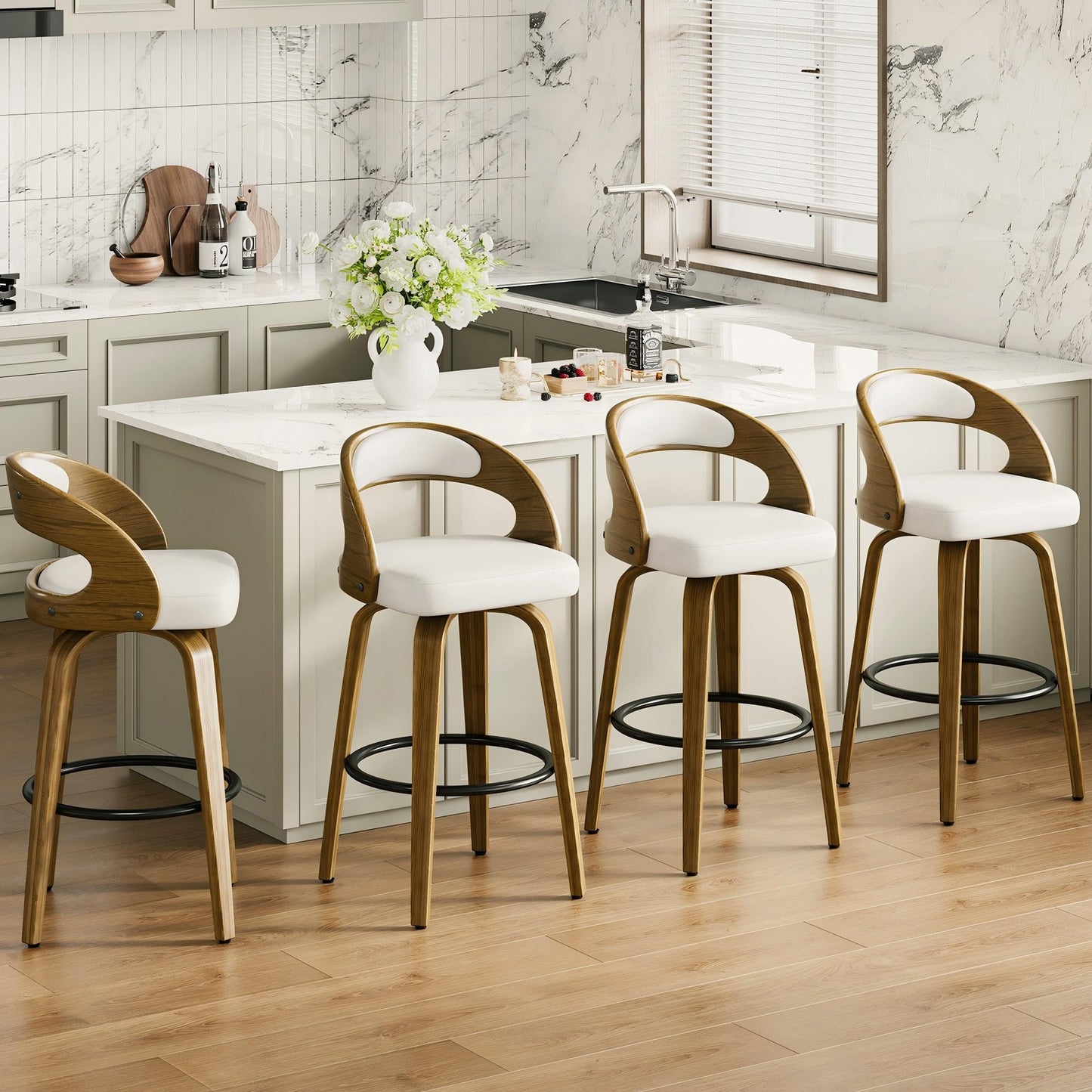 26" Counter Height Bar Stools Set of 4, Swivel Kitchen Island Stools with Ergonomic Curved Backrest, Solid Wood Legs, 300 lbs Capacity, Modern Walnut Finish, Perfect for Kitchen Island(White)