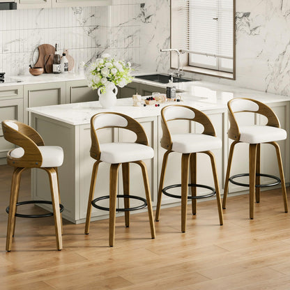 26" Counter Height Bar Stools Set of 4, Swivel Kitchen Island Stools with Ergonomic Curved Backrest, Solid Wood Legs, 300 lbs Capacity, Modern Walnut Finish, Perfect for Kitchen Island(White)