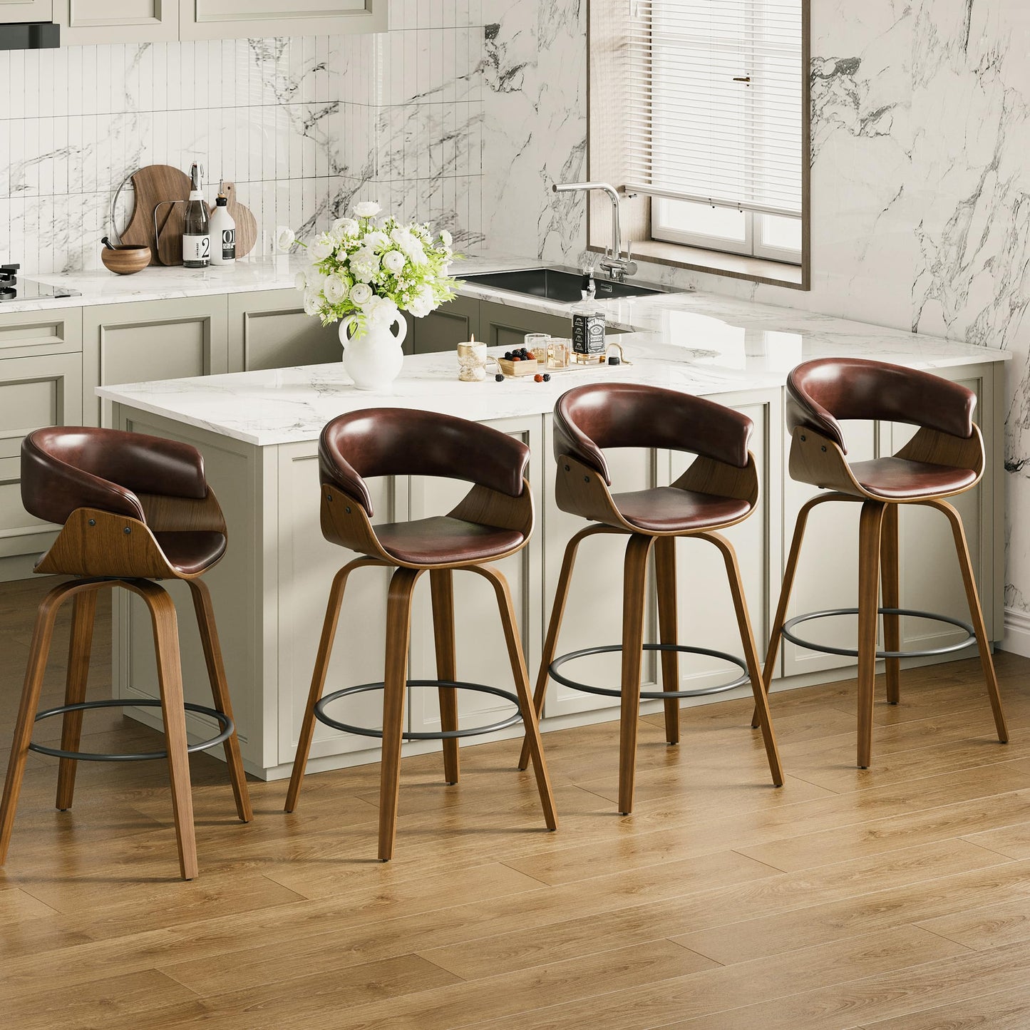 26" Counter Height Bar Stools Set of 4, Swivel Kitchen Island Stools with Ergonomic Curved Backrest, Solid Wood Legs, 300 lbs Capacity, Modern Walnut Finish, Perfect for Kitchen Island(Tan)