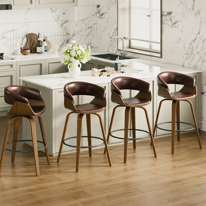 26" Counter Height Bar Stools Set of 4, Swivel Kitchen Island Stools with Ergonomic Curved Backrest, Solid Wood Legs, 300 lbs Capacity, Modern Walnut Finish, Perfect for Kitchen Island(Tan)