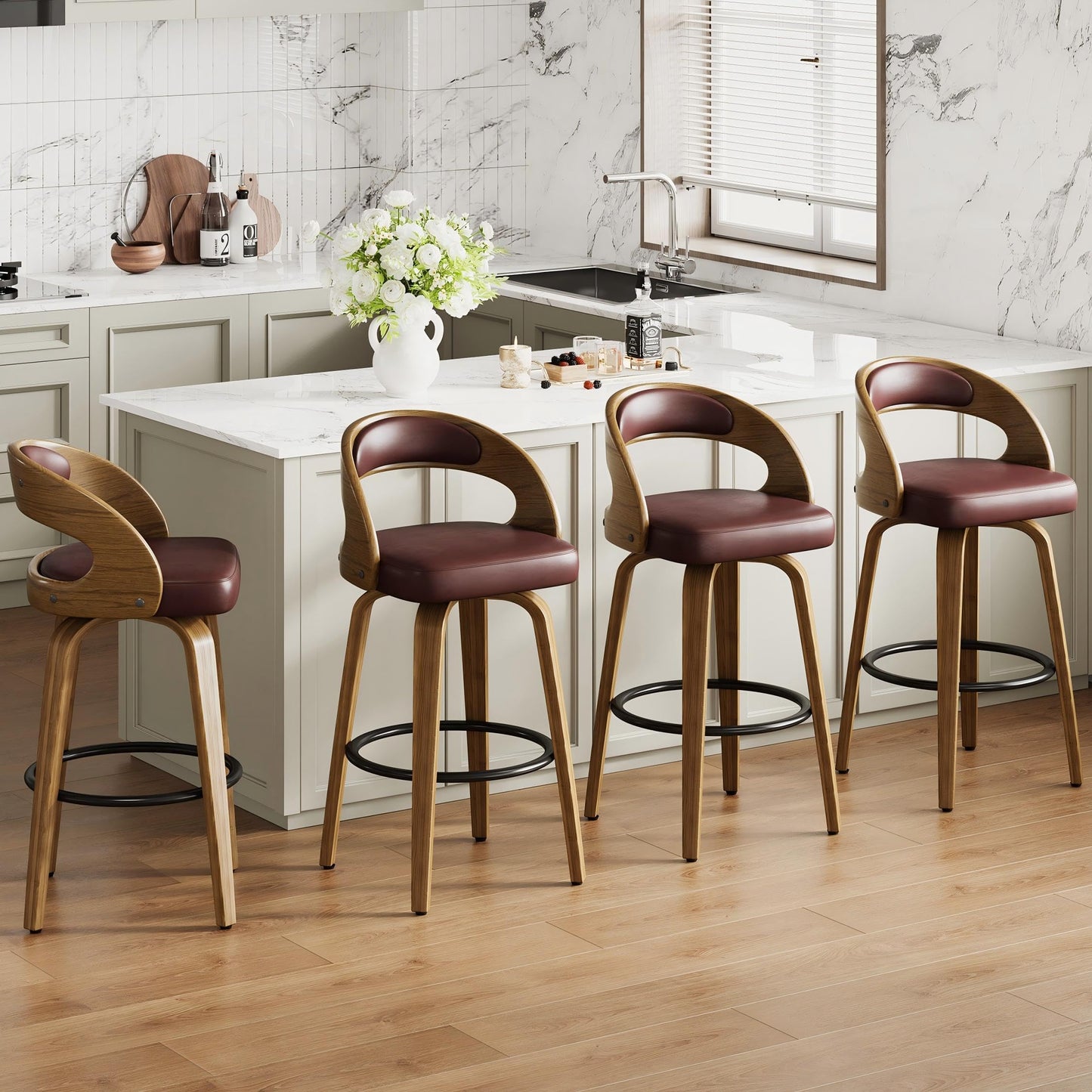 26" Counter Height Bar Stools Set of 4, Swivel Kitchen Island Stools with Ergonomic Curved Backrest, Solid Wood Legs, 300 lbs Capacity, Modern Walnut Finish, Perfect for Kitchen Island(Brown)