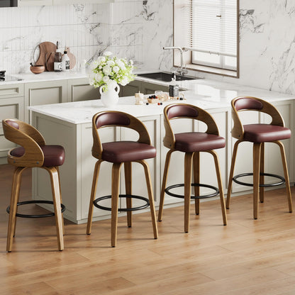 26" Counter Height Bar Stools Set of 4, Swivel Kitchen Island Stools with Ergonomic Curved Backrest, Solid Wood Legs, 300 lbs Capacity, Modern Walnut Finish, Perfect for Kitchen Island(Brown)