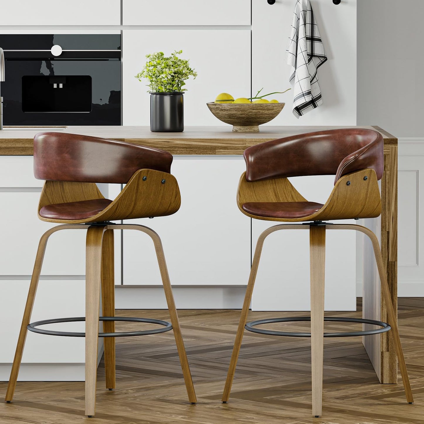26" Counter Height Bar Stools Set of 2, Swivel Kitchen Island Stools with Ergonomic Curved Backrest, Solid Wood Legs, 300 lbs Capacity, Modern Walnut Finish, Perfect for Kitchen Island(Tan)