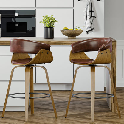 26" Counter Height Bar Stools Set of 2, Swivel Kitchen Island Stools with Ergonomic Curved Backrest, Solid Wood Legs, 300 lbs Capacity, Modern Walnut Finish, Perfect for Kitchen Island(Tan)