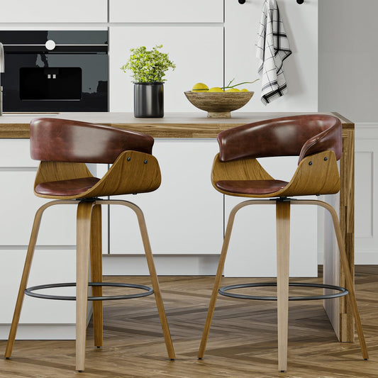 26" Counter Height Bar Stools Set of 2, Swivel Kitchen Island Stools with Ergonomic Curved Backrest, Solid Wood Legs, 300 lbs Capacity, Modern Walnut Finish, Perfect for Kitchen Island(Tan)