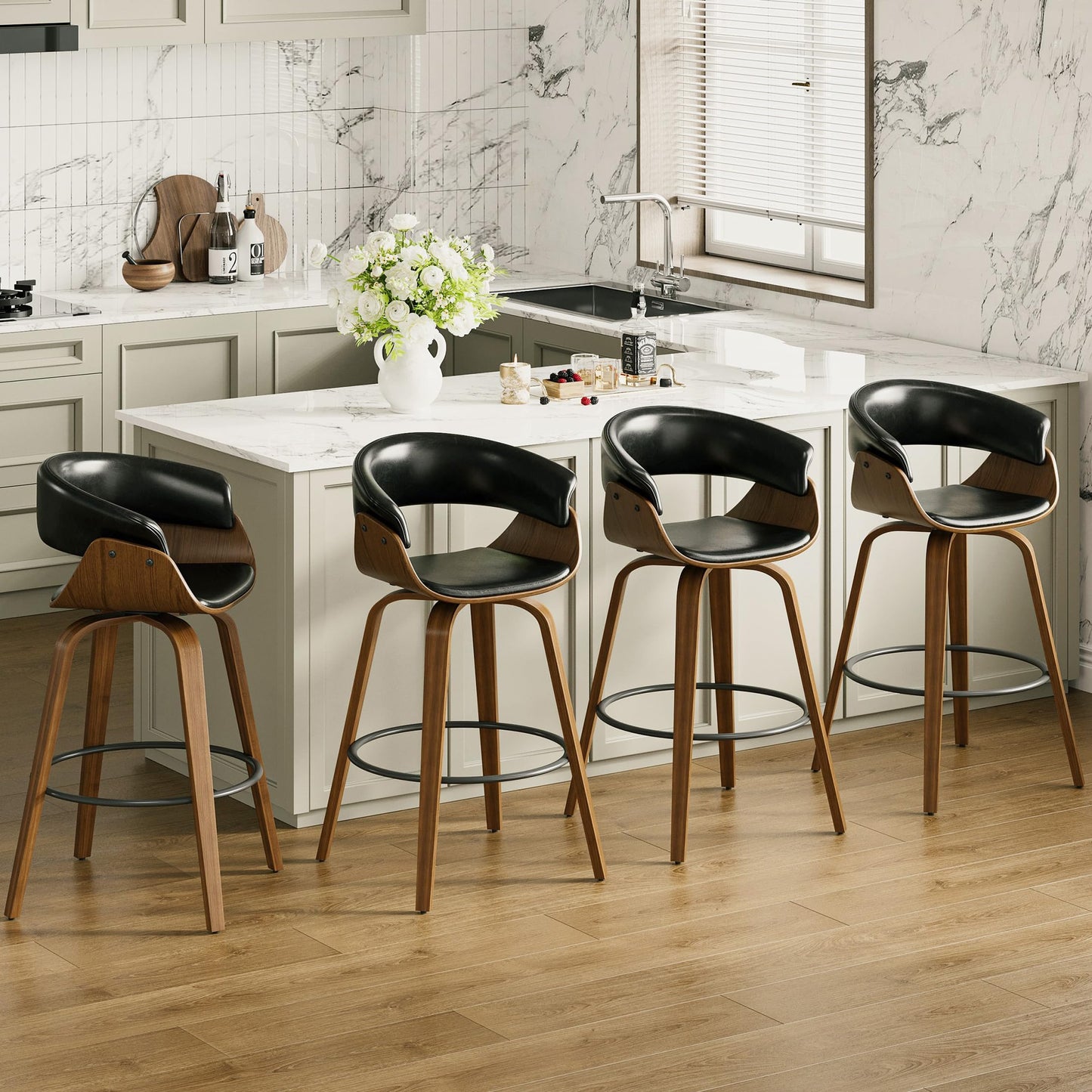 26" Counter Height Bar Stools Set of 4, Swivel Kitchen Island Stools with Ergonomic Curved Backrest, Solid Wood Legs, 300 lbs Capacity, Modern Walnut Finish, Perfect for Kitchen Island(Ebony)