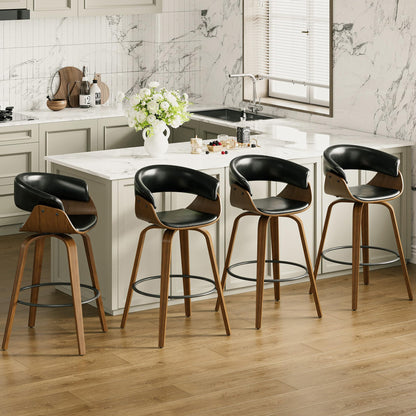 26" Counter Height Bar Stools Set of 4, Swivel Kitchen Island Stools with Ergonomic Curved Backrest, Solid Wood Legs, 300 lbs Capacity, Modern Walnut Finish, Perfect for Kitchen Island(Ebony)