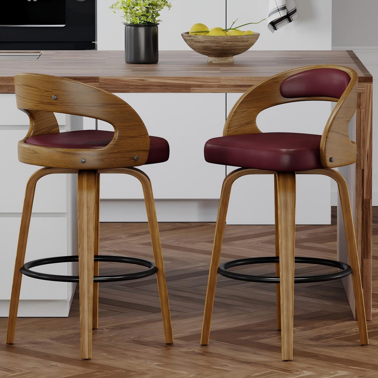 26" Counter Height Bar Stools Set of 2, Swivel Kitchen Island Stools with Ergonomic Curved Backrest, Solid Wood Legs, 300 lbs Capacity, Modern Walnut Finish, Perfect for Kitchen Island(Brown)
