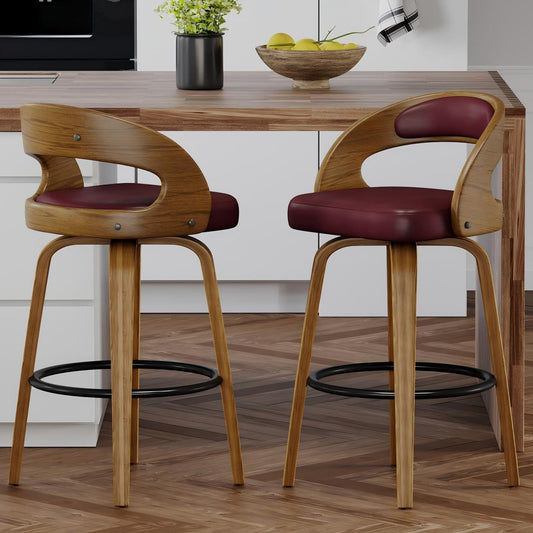 26" Counter Height Bar Stools Set of 2, Swivel Kitchen Island Stools with Ergonomic Curved Backrest, Solid Wood Legs, 300 lbs Capacity, Modern Walnut Finish, Perfect for Kitchen Island(Brown)