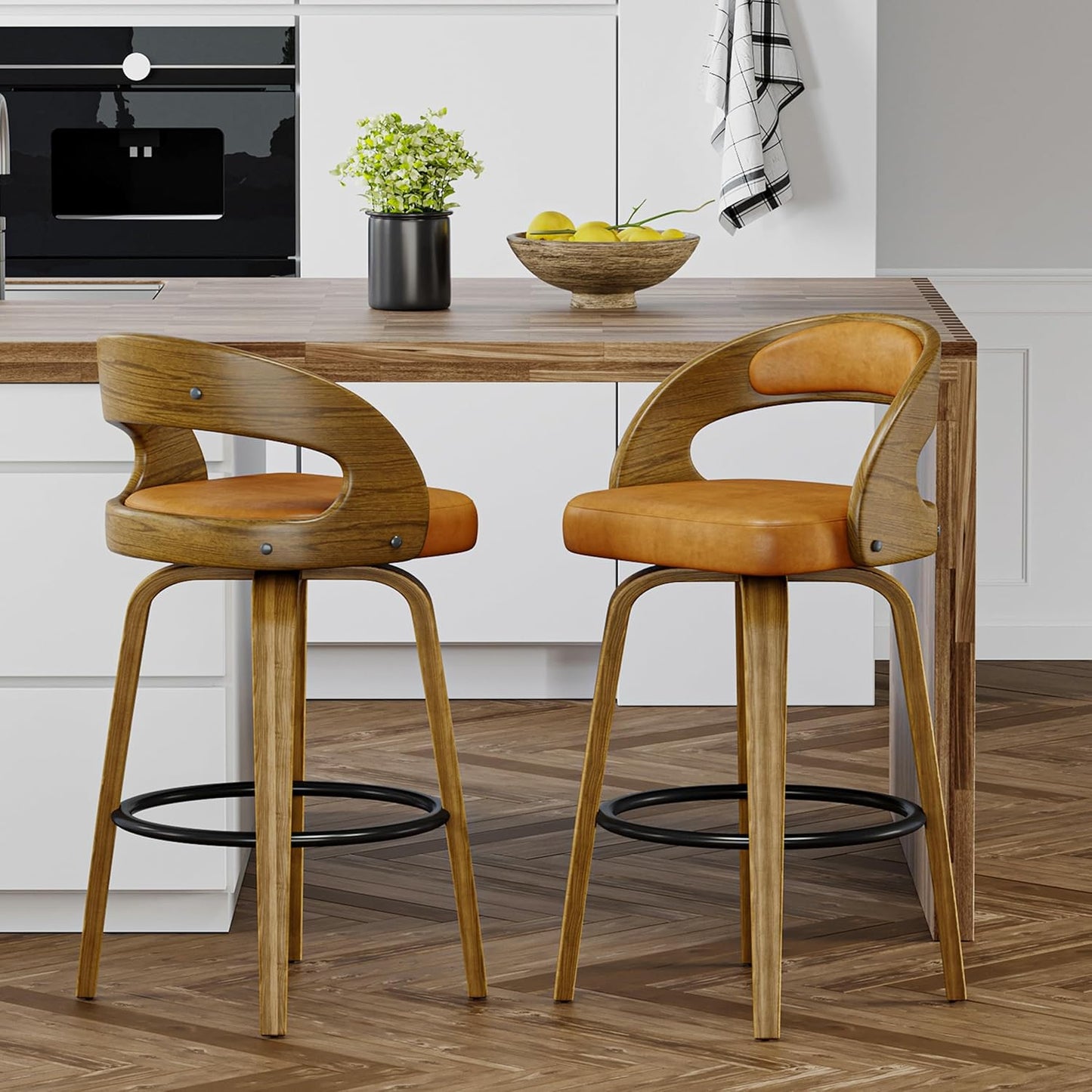 26" Counter Height Bar Stools Set of 2, Swivel Kitchen Island Stools with Ergonomic Curved Backrest, Solid Wood Legs, 300 lbs Capacity, Modern Walnut Finish, Perfect for Kitchen Island(Tawny)