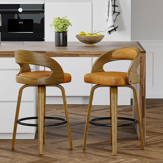 26" Counter Height Bar Stools Set of 2, Swivel Kitchen Island Stools with Ergonomic Curved Backrest, Solid Wood Legs, 300 lbs Capacity, Modern Walnut Finish, Perfect for Kitchen Island(Tawny)