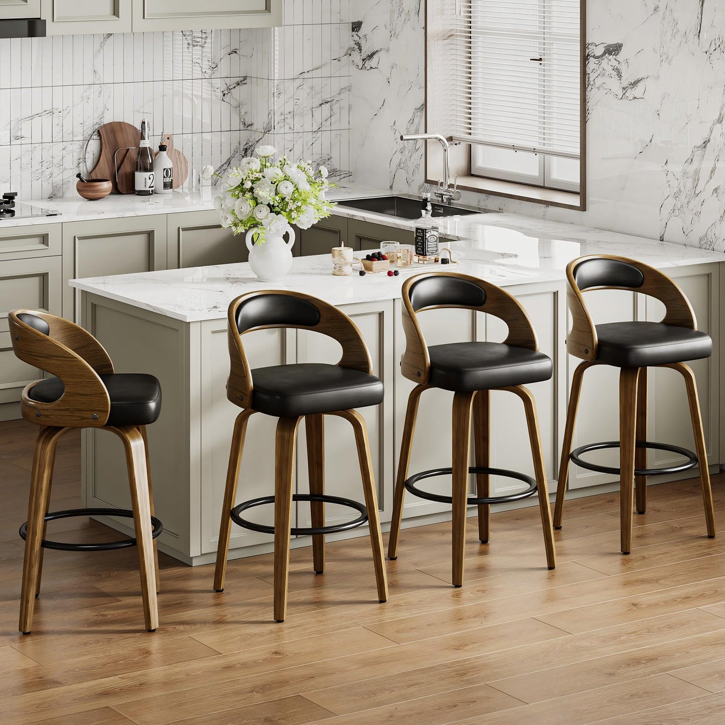 26" Counter Height Bar Stools Set of 4, Swivel Kitchen Island Stools with Ergonomic Curved Backrest, Solid Wood Legs, 300 lbs Capacity, Modern Walnut Finish, Perfect for Kitchen Island(Black)