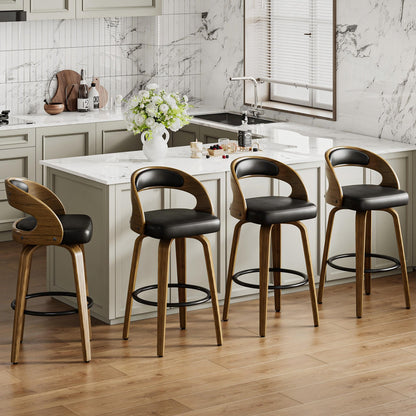 26" Counter Height Bar Stools Set of 4, Swivel Kitchen Island Stools with Ergonomic Curved Backrest, Solid Wood Legs, 300 lbs Capacity, Modern Walnut Finish, Perfect for Kitchen Island(Black)
