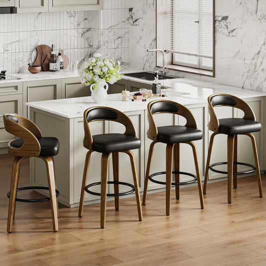 26" Counter Height Bar Stools Set of 4, Swivel Kitchen Island Stools with Ergonomic Curved Backrest, Solid Wood Legs, 300 lbs Capacity, Modern Walnut Finish, Perfect for Kitchen Island(Black)