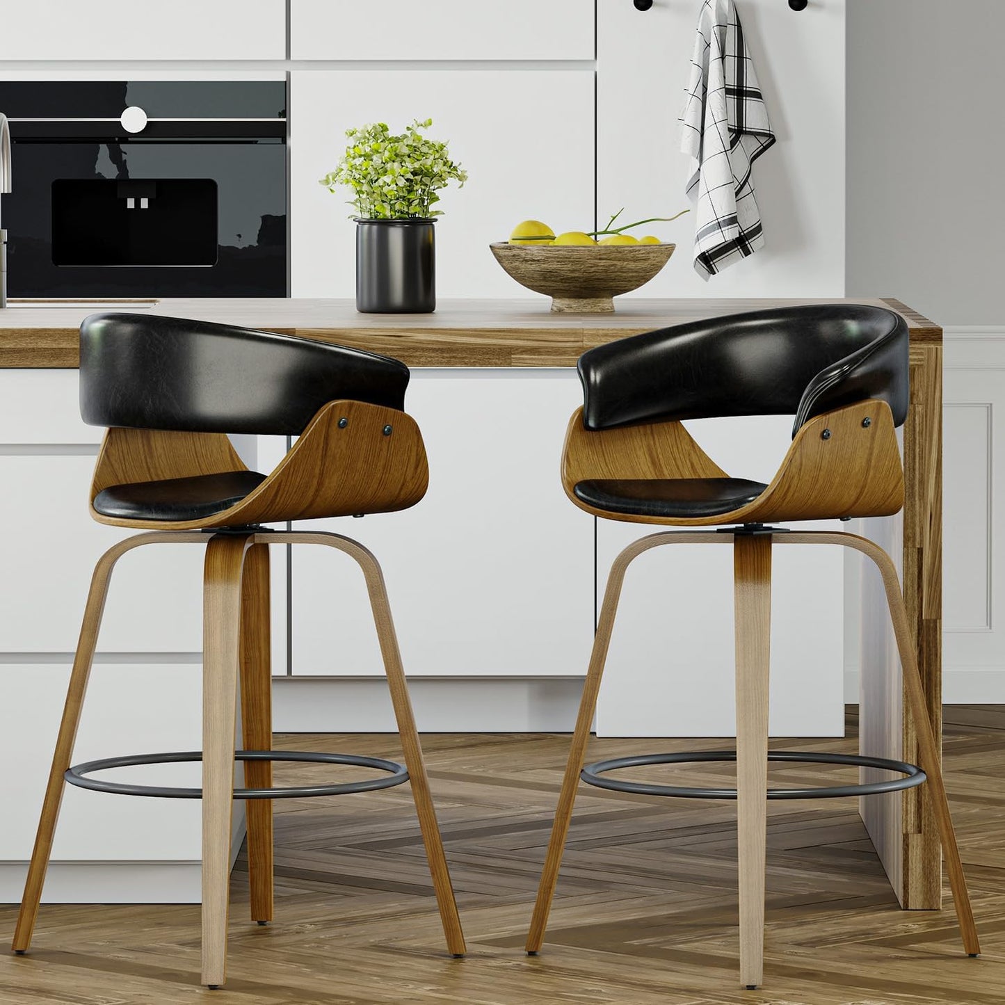 26" Counter Height Bar Stools Set of 2, Swivel Kitchen Island Stools with Ergonomic Curved Backrest, Solid Wood Legs, 300 lbs Capacity, Modern Walnut Finish, Perfect for Kitchen Island(Ebony)