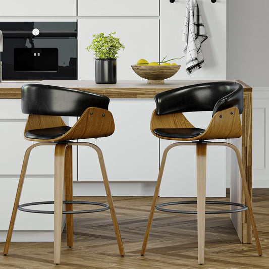 26" Counter Height Bar Stools Set of 2, Swivel Kitchen Island Stools with Ergonomic Curved Backrest, Solid Wood Legs, 300 lbs Capacity, Modern Walnut Finish, Perfect for Kitchen Island(Ebony)