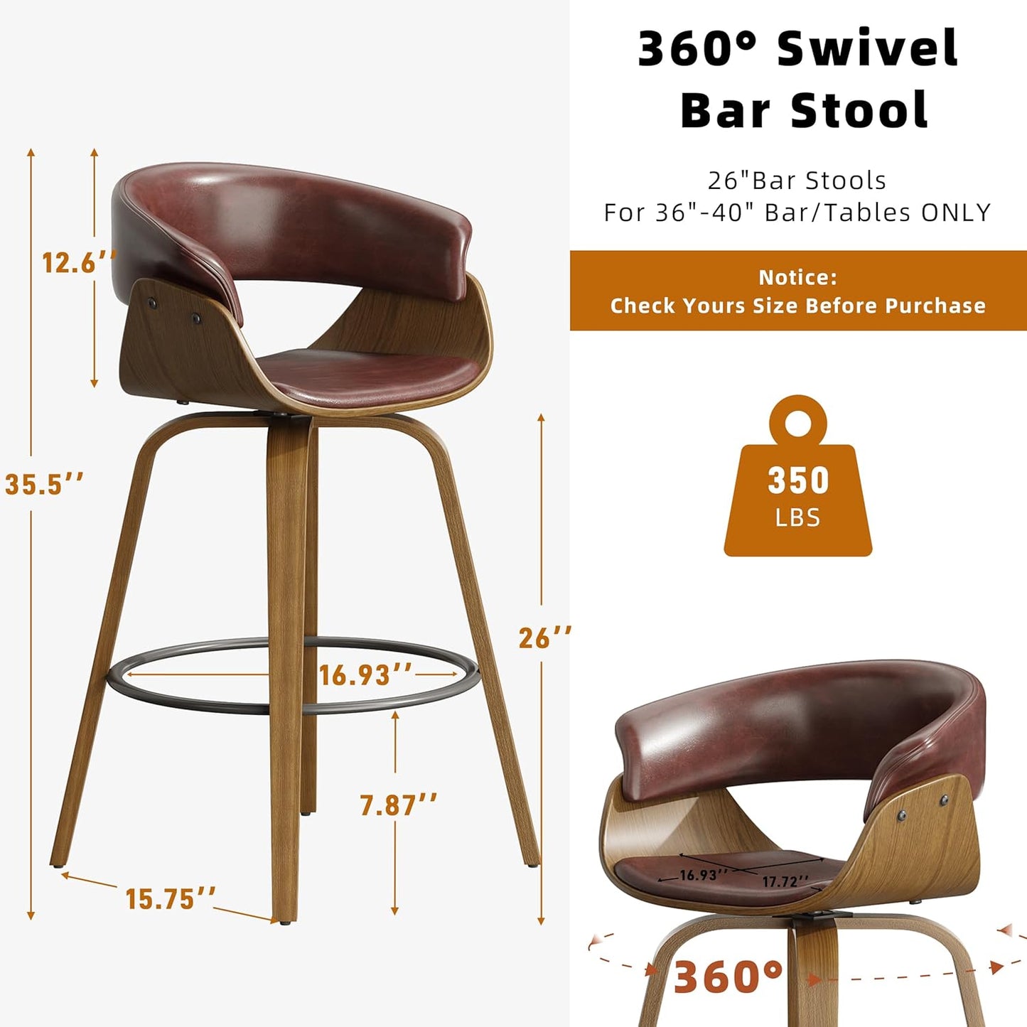 26" Counter Height Bar Stools Set of 2, Swivel Kitchen Island Stools with Ergonomic Curved Backrest, Solid Wood Legs, 300 lbs Capacity, Modern Walnut Finish, Perfect for Kitchen Island(Tan)
