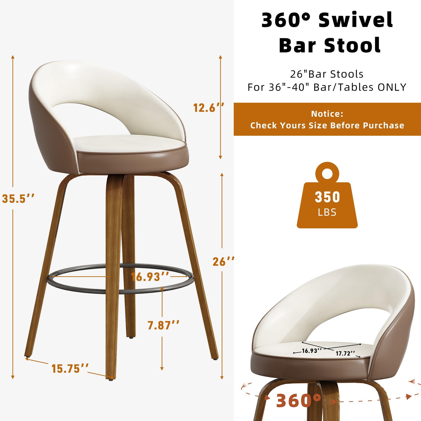 26" Counter Height Bar Stools Set of 2, Swivel Kitchen Island Stools with Ergonomic Curved Backrest, Solid Wood Legs, 300 lbs Capacity, Modern Walnut Finish, Perfect for Kitchen Island(Chestnut)