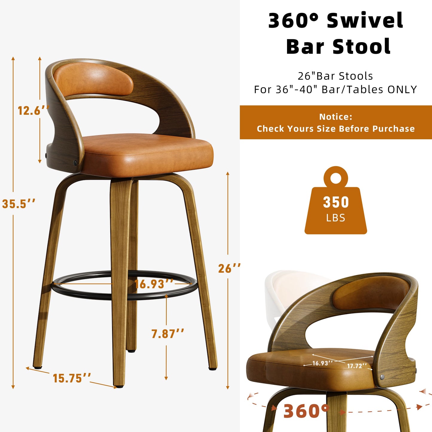 26" Counter Height Bar Stools Set of 4, Swivel Kitchen Island Stools with Ergonomic Curved Backrest, Solid Wood Legs, 300 lbs Capacity, Modern Walnut Finish, Perfect for Kitchen Island(Tawny)