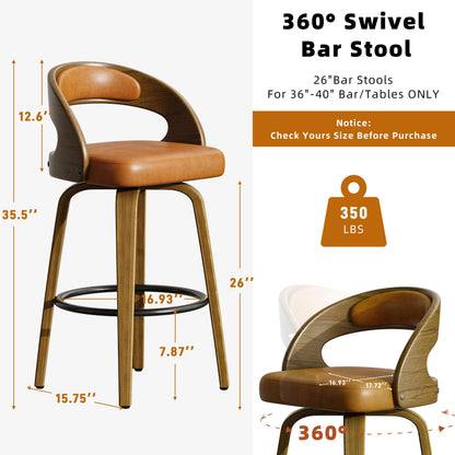 26" Counter Height Bar Stools Set of 4, Swivel Kitchen Island Stools with Ergonomic Curved Backrest, Solid Wood Legs, 300 lbs Capacity, Modern Walnut Finish, Perfect for Kitchen Island(Tawny)