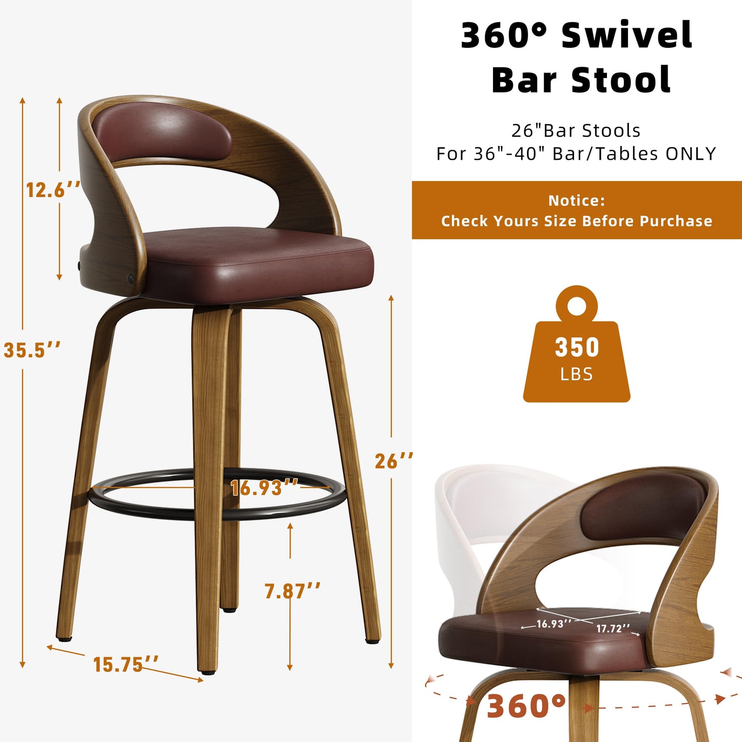 26" Counter Height Bar Stools Set of 4, Swivel Kitchen Island Stools with Ergonomic Curved Backrest, Solid Wood Legs, 300 lbs Capacity, Modern Walnut Finish, Perfect for Kitchen Island(Brown)
