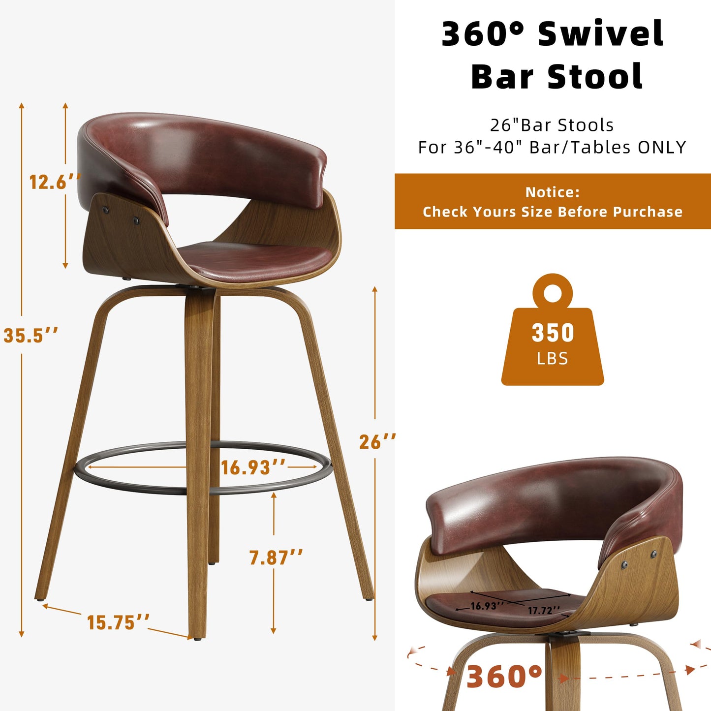 26" Counter Height Bar Stools Set of 4, Swivel Kitchen Island Stools with Ergonomic Curved Backrest, Solid Wood Legs, 300 lbs Capacity, Modern Walnut Finish, Perfect for Kitchen Island(Tan)